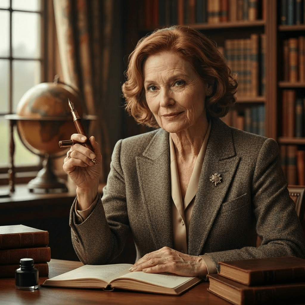 A woman in a tweed jacket holding a fountain pen at a desk with books.